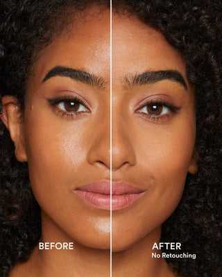 Before and after on a model with light skin using EM Cosmetics Portrait Mode Powder for a smooth, soft-focus finish.