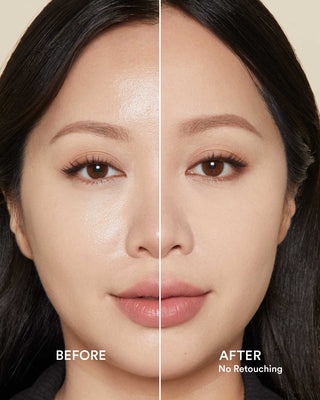 Before and after of Michelle Phan using EM Cosmetics Portrait Mode Setting Powder to blur pores and mattify shine.