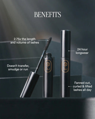 Infographic on benefits of EM Cosmetics Shapeshift Mascara including lengthening and tubing technology